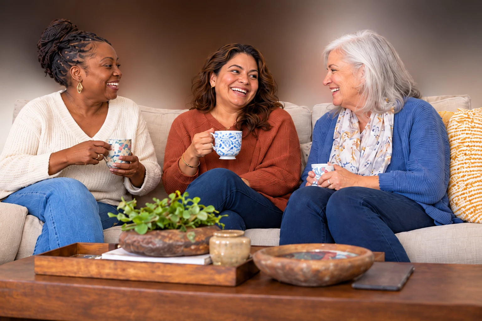 Women enjoying tea and conversation on a comfortable sofa.
