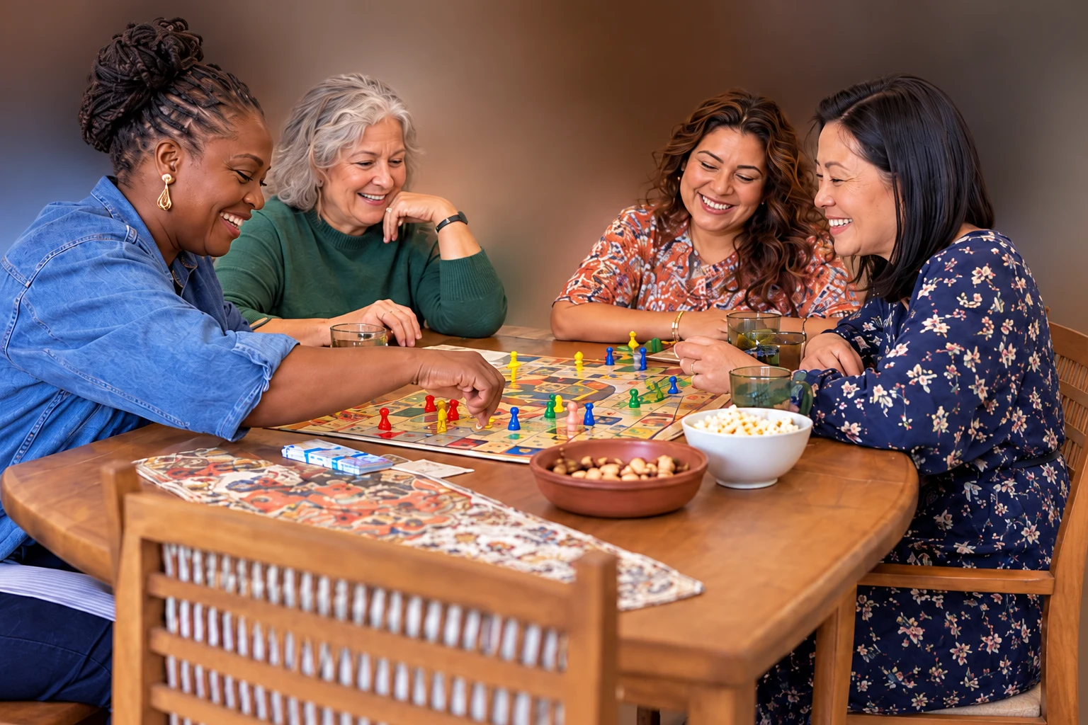 Four women enjoying a board game together at a table.