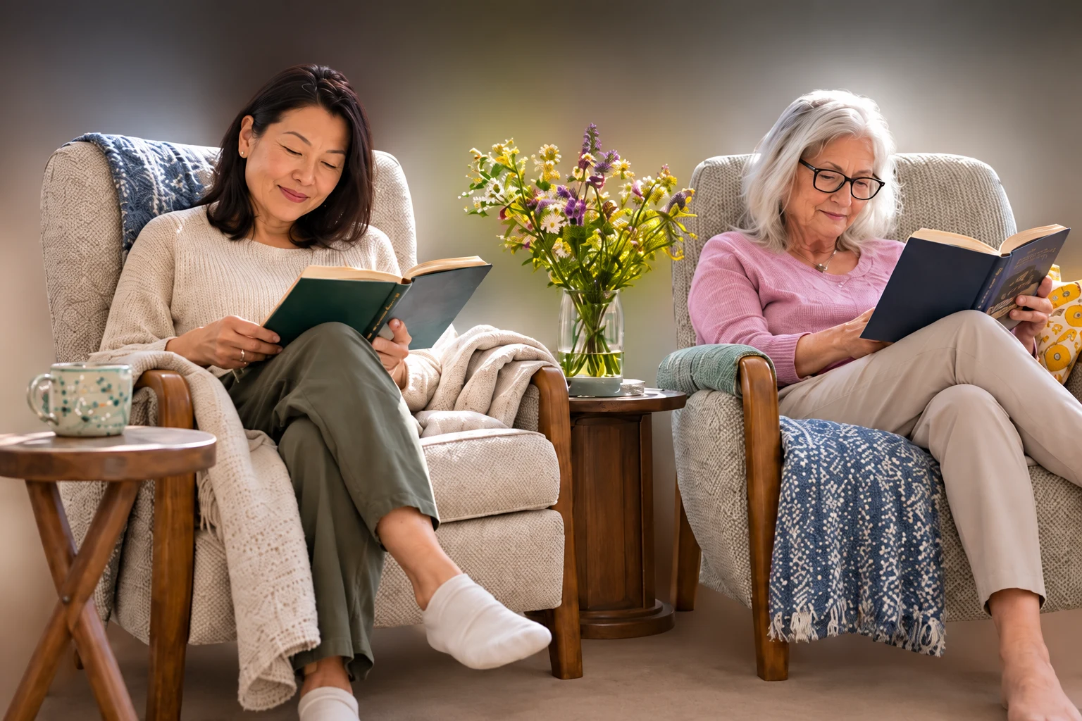 Two women relaxing with books in comfortable armchairs.